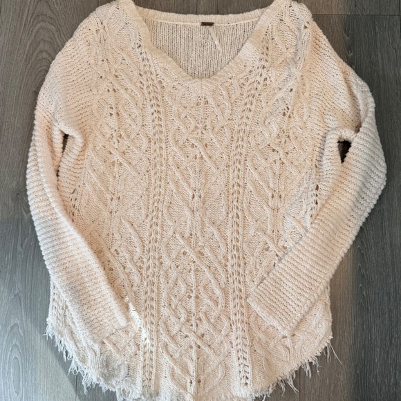 Free People Sweaters - Free People Cream Cable Knit Distressed V Neck Pullover‎ Sweater